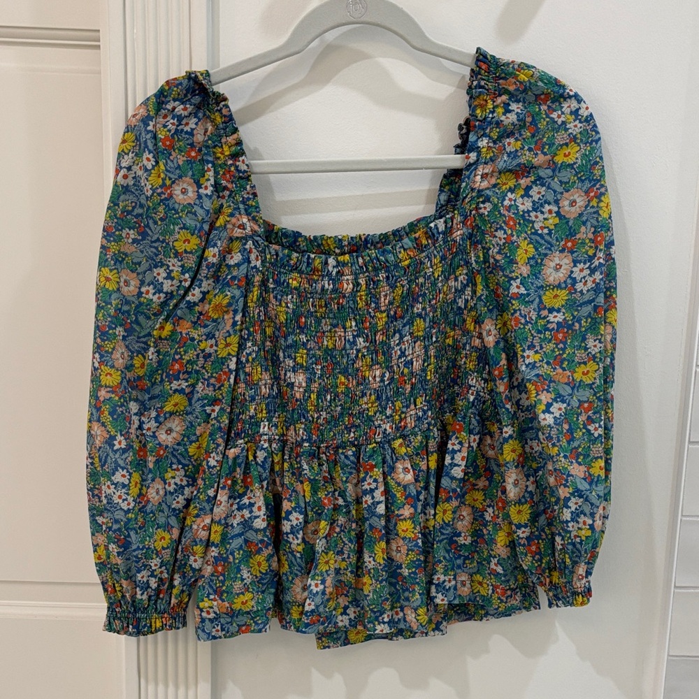 Trovata Floral Smocked Blouse in Blue and Yellow